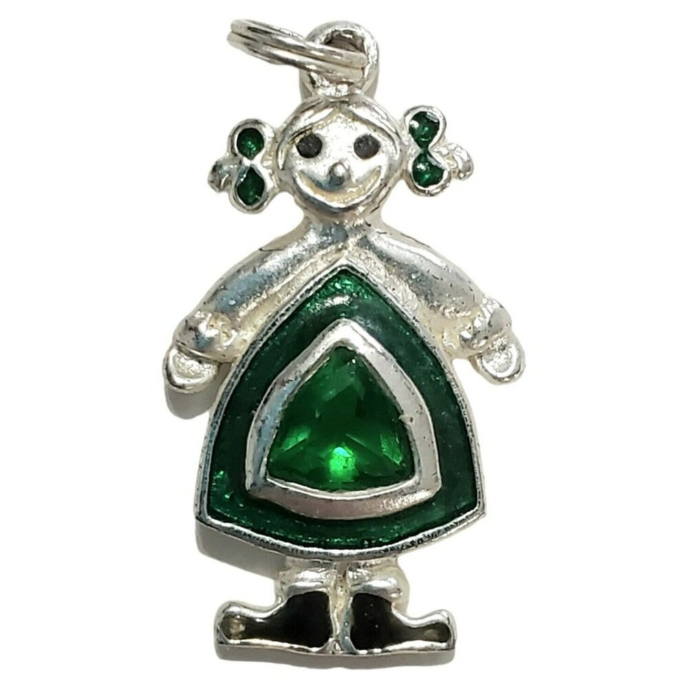 Sterling Silver Girl Charm Pendant Emerald Green May Birthstone 925 Mother's Day